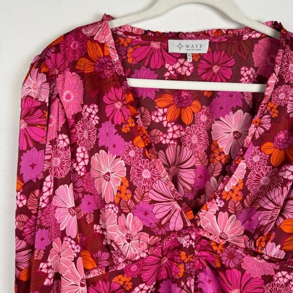WAYF Loral Print Ruched Plunge Neck Satin Blouse Pink Berry Floral Long Sleeve - Picture 6 of 13